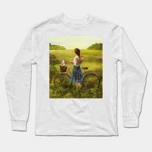 Girl with bike and cat in nature Long Sleeve T-Shirt